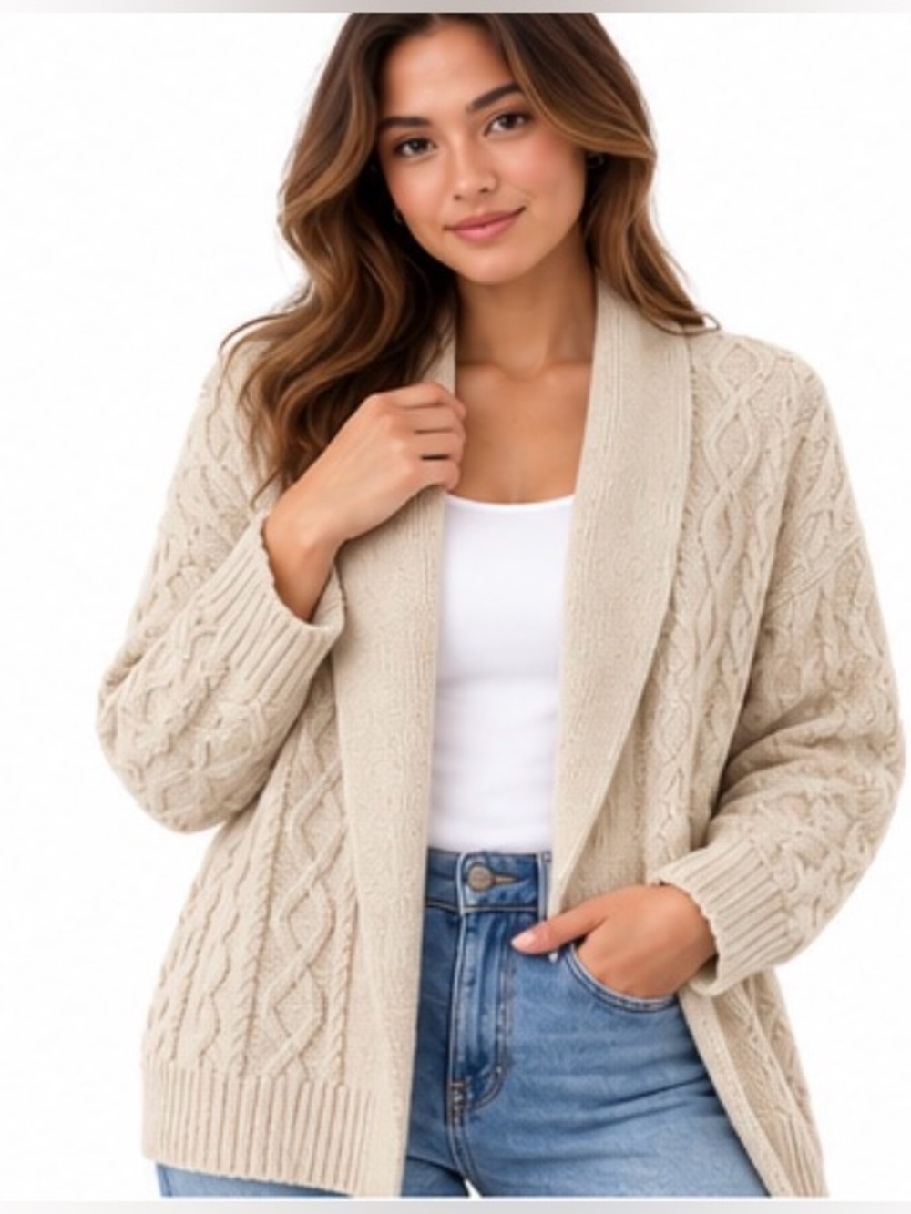 GAP Cable Knit Shawl Cardigan Sweater – Cream/Ivory – Size XL – 100% Cotton